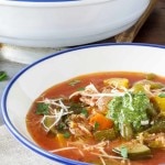 Skipping the starchy pasta and beans and adding rotisserie chicken keeps this Healthy Chicken Minestrone Soup low carb and hearty enough for a main meal. | low carb, gluten-free, dairy-free, Paleo | lowcarbmaven.com